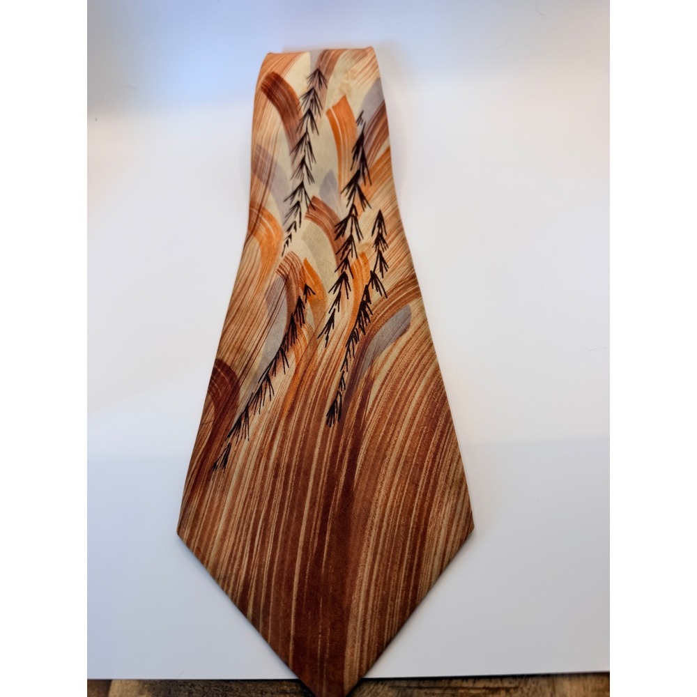 Vintage Dandee of California Abstract Woodgrain Wide Silk Tie Brown Orange